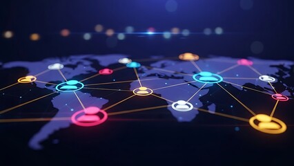 Global network connections on world map with colorful nodes