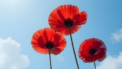Bright red poppy flowers blooming against a clear blue sky with soft clouds, vibrant spring nature scene captured from a low angle, symbolizing beauty, freshness, freedom and natural elegance