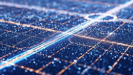 Glowing blue and orange lines on a digital grid background
