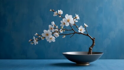 Minimalist Ikebana Cherry Blossom Arrangement in Ceramic Bowl on Blue Background &ndash; Elegant Japanese Floral Art, Zen Still Life, Modern Botanical Interior Decor