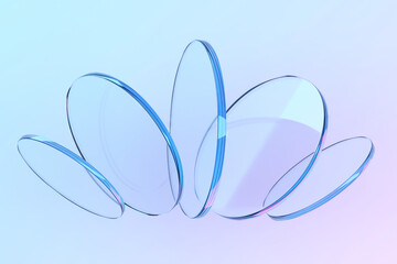 Dynamic abstract composition of floating glass circles on gradient background. 3d render