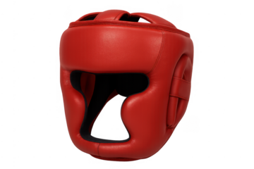 Red boxing headgear protecting head during sparring