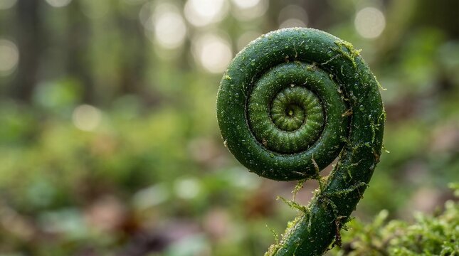 Close-up of a Green Fern Fiddlehead Spiral in a Lush Mossy Forest