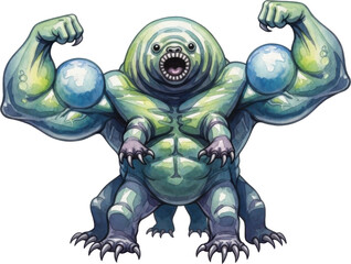 Fierce green monster with sharp teeth and claws isolated on transparent background