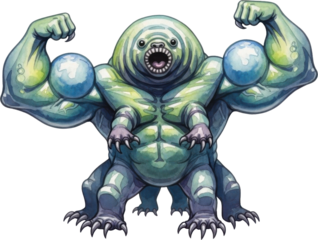 Fierce green monster with sharp teeth and claws isolated on transparent background