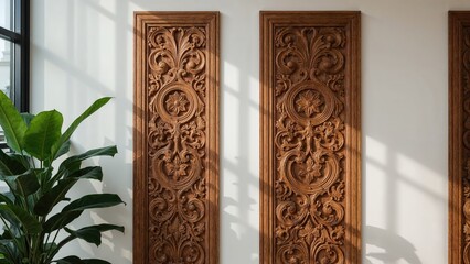 Three intricately carved wooden panels with floral and scroll motifs, set against a white wall with sunlight and shadows, accompanied by green foliage.