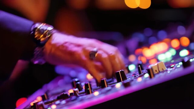 Closeup of a man's hand expertly adjusting sound levels on a concert console during a live performance at night, Close-up of a man's hand on a sound concert console