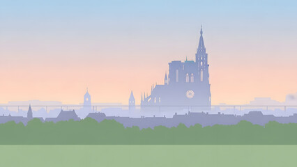 Serene cityscape at sunset with historic buildings and clock tower