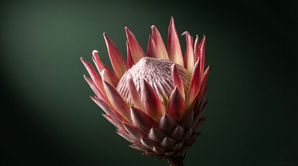 Exotic King Protea Flower Bloom against a Dark Green Background Close Up