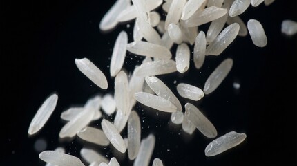 Grains of White Rice Falling against a Black Background for Food Design Concept