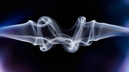 Abstract white smoke swirls forming symmetrical patterns on a dark blue and black background, ethereal vapor motion