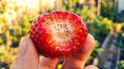 Close up of a hand holding a juicy bitten strawberry with juice dripping, fresh organic fruit in a garden setting