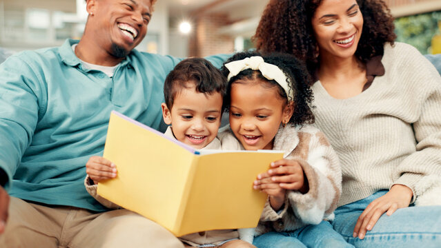 Happy family, children or reading with book on sofa for laughing, humor or story time in home. Dad, mom or kids with funny novel, siblings or joke for comedy, bonding or development together in house