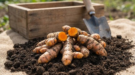 Freshly harvested turmeric roots on dark soil with a garden trowel and wooden crate in the background