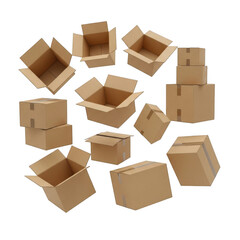 Collection of cardboard boxes isolated on transparent background