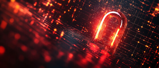 Abstract cybersecurity illustration in deep crimson red and obsidian black, polished rose-gold metallic 3D standing lock, dark digital grid background, fine cyber details, empty copy space on the left