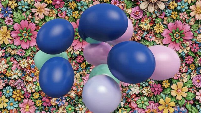 Abstract motion graphic loop featuring stylized blue and pastel egg shapes seamlessly swirling and morphing with vibrant floral patterns in the background Abstract motion graphic, morphing, texture