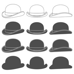 Set of black and white illustrations with classic bowler hat. Isolated vector objects on white background.