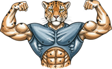 Muscular cartoon cheetah flexing muscles isolated on transparent background