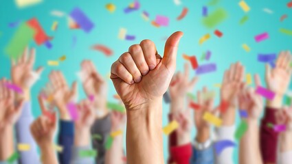 people celebrating with hands raised and confetti in the air
