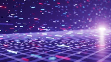 neon lit grid with colorful lights and glowing lines on purple background