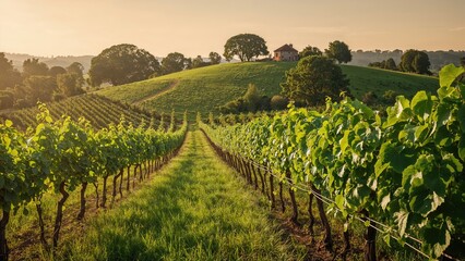 Vineyard landscape with lush green grapevines on rolling hills and a house at sunset.
