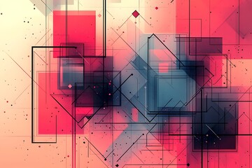 Dynamic geometric network of connected lines and squares against a vibrant red backdrop