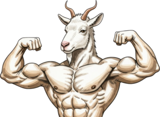 Muscular goat flexing its muscles isolated on transparent background