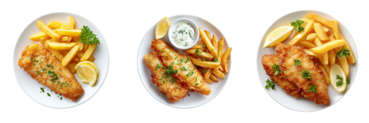 Three plates of golden fried fish and chips with lemon wedges and parsley garnish isolated on a transparent background