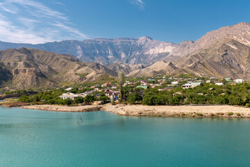 Panoramic view of the Irganay reservoir in mountainous area of Dagestan Republic