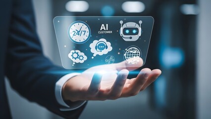 Professional businessman holding futuristic hologram interface for ai customer service featuring chatbot icon and 24 7 support clock representing automated digital assistance and technology
