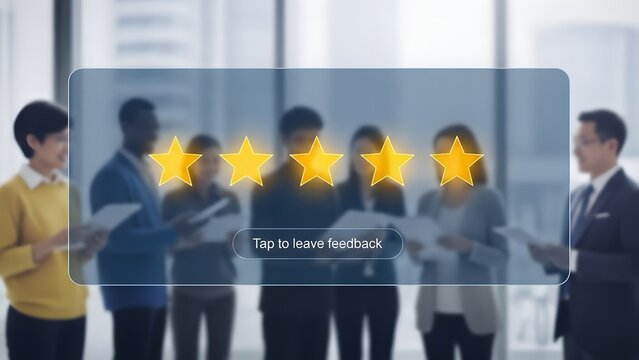 Group of diverse office colleagues standing behind glass panel with glowing five star icons and tap to leave feedback button for professional employee performance and workplace satisfaction - Powered by Adobe