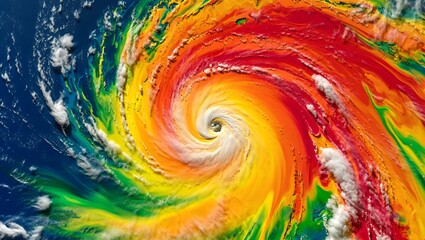 Satellite image of a large colorful hurricane over the ocean with clouds