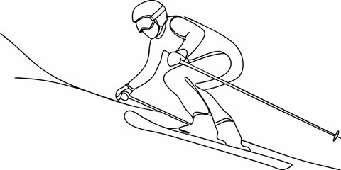A dynamic line drawing depicts a skier in mid action on snowy slopes