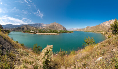 Panoramic view of the Irganay reservoir in mountainous area of Dagestan Republic