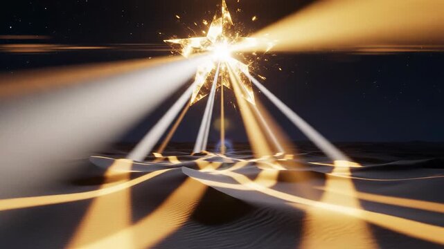 Abstract motion graphic loop of a brilliant golden star radiating powerful light beams downwards onto a mysterious dark desert terrain at midnight brilliant, radiance, star