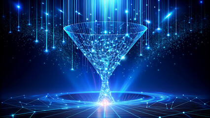 Funnel of glowing blue particles in futuristic digital landscape with neon lighting and abstract technology background for data visualization