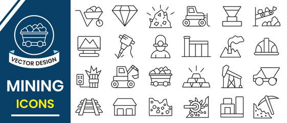 Outline of Mining and digging line icon, vector set. Mining icon set. Gold, diamond, coal wagon, oil, train, stone, editable stroke line icon. Vector illustration.