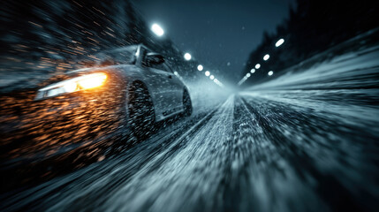 High speed car driving on wet road at night with motion blur and dynamic spray, action driving, rainy weather, street lights reflections, extreme motion effect, cinematic automotive photography