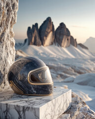 Luxury black ski helmet with gold accents on white Carrara marble block against snowy Dolomites mountain peaks landscape with elegant soft lighting in high resolution