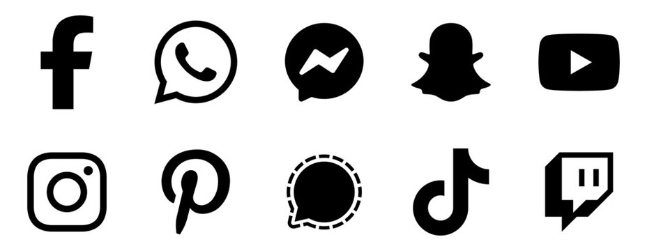 social media icon set or social network logos , whatsapp, messenger, signal, pinterest, youtube, twitch, snapchat, tiktok, facebook, instagram, vector icons