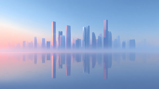 A serene skyline of modern skyscrapers reflected in calm waters, enveloped in soft mist and pastel hues at dawn. - Powered by Adobe