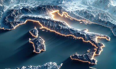 3D illuminated map of Italy with glowing winter light and snow textured landscape showing mountains and islands in ultra sharp high resolution