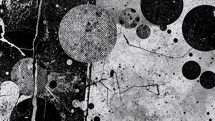 Abstract black and white textured image with circles and lines, featuring a complex pattern and scattered elements.