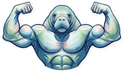 Muscular manatee flexing muscles isolated on transparent background