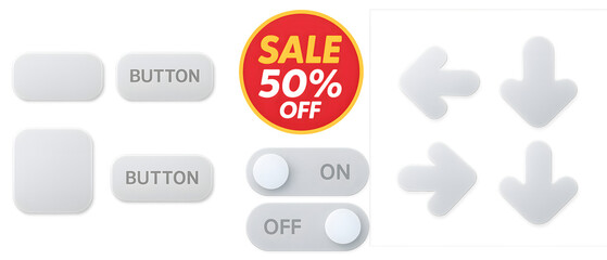 Versatile user interface elements featuring buttons, toggles, arrows, and a 50% off sale badge with a transparent background