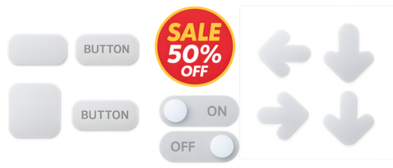 Versatile user interface elements featuring buttons, toggles, arrows, and a 50% off sale badge with a transparent background