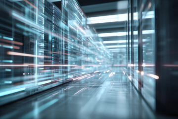 A futuristic corridor filled with digital data streams, showcasing advanced technology in a sleek, high-tech environment.