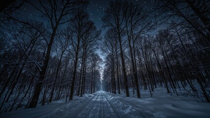 A winter forest scene at night with snow-covered ground and tall, bare trees under a starry sky.