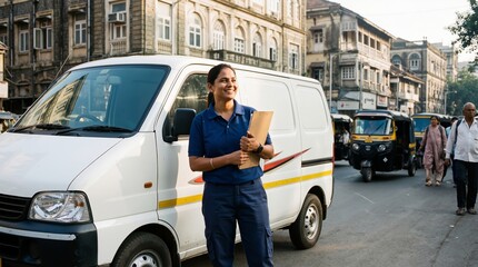 Indian woman delivery driver in blue uniform holding clipboard and smiling next to white van on busy city street. Logistics and transportation service banner with copy space